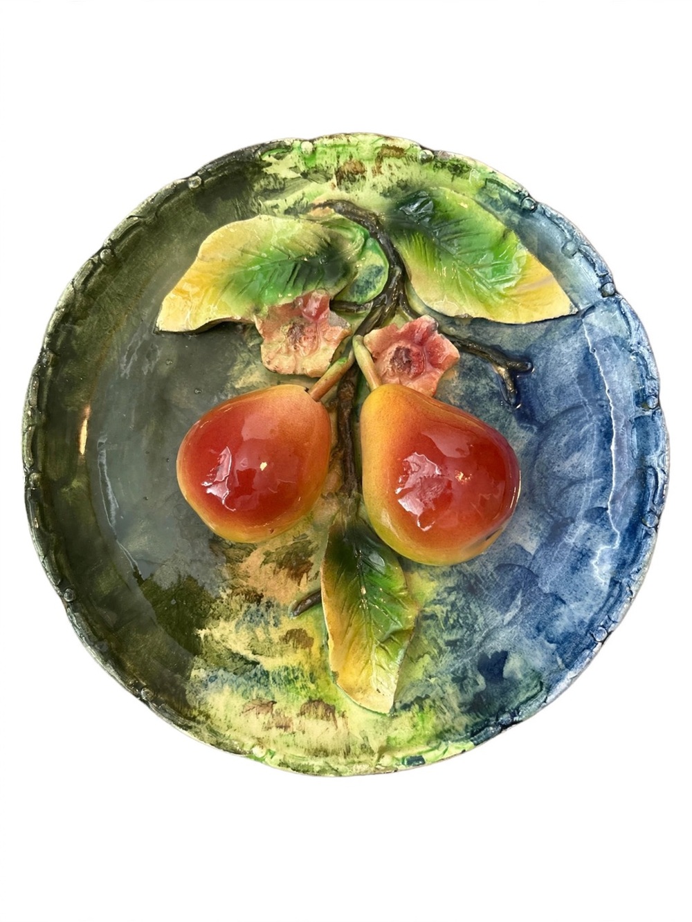 Vintage 19th Century Austrian Majolica Trompe L'oeil Pear Wall Plate Barbotine